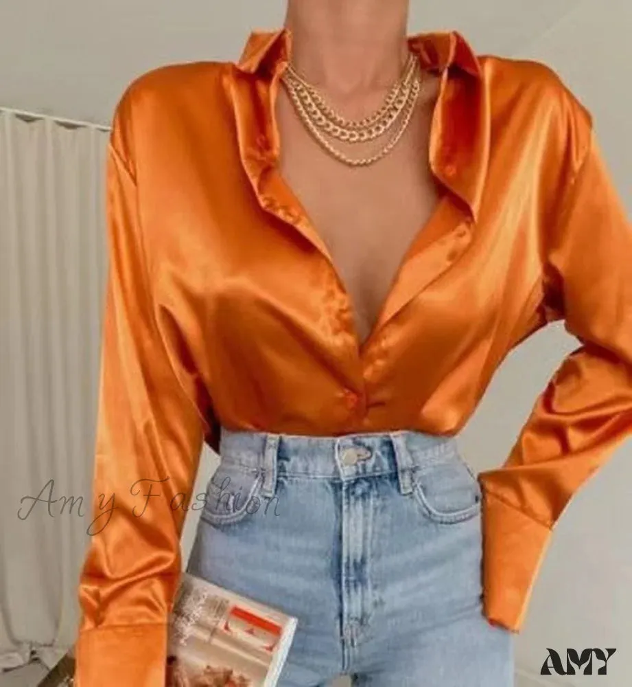 Amy Fashion - Elegant Satin Long Sleeve Blouses