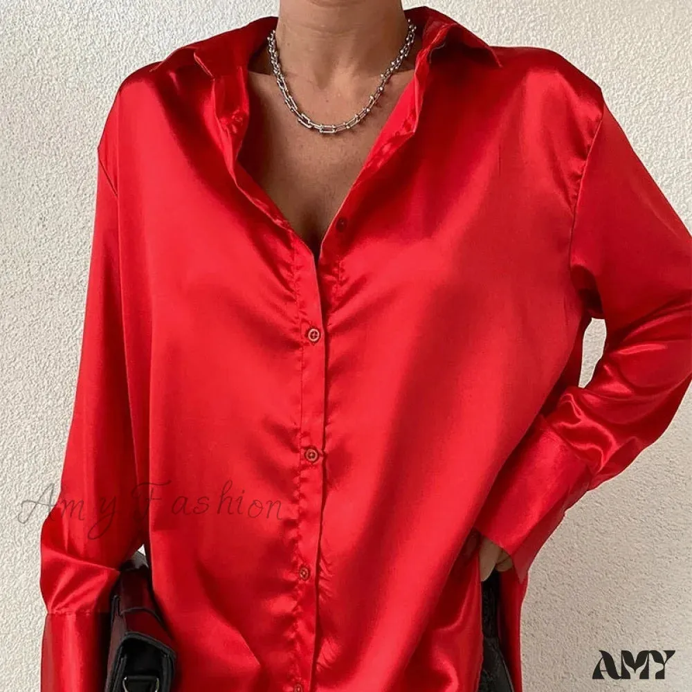 Amy Fashion - Elegant Satin Long Sleeve Blouses