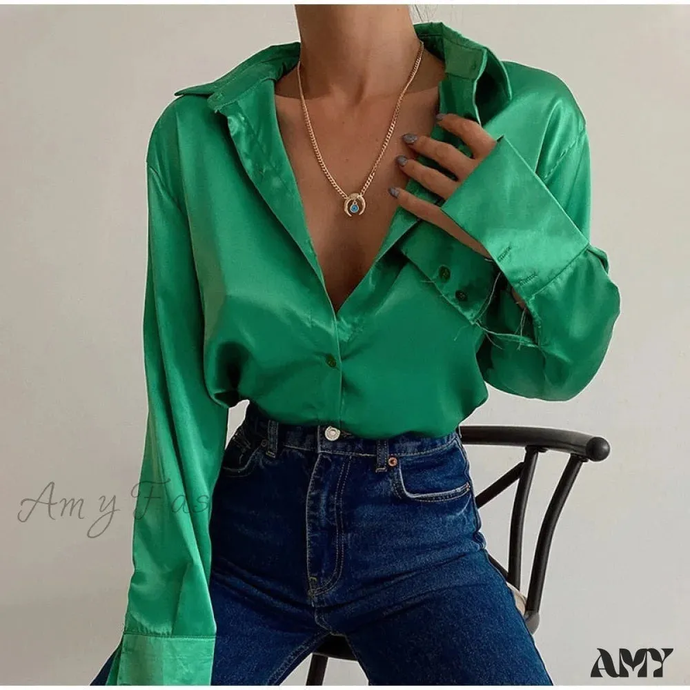 Amy Fashion - Elegant Satin Long Sleeve Blouses
