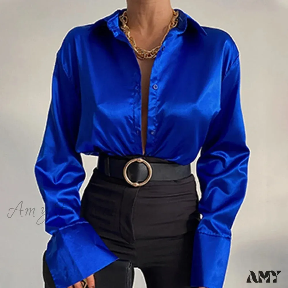 Amy Fashion - Elegant Satin Long Sleeve Blouses