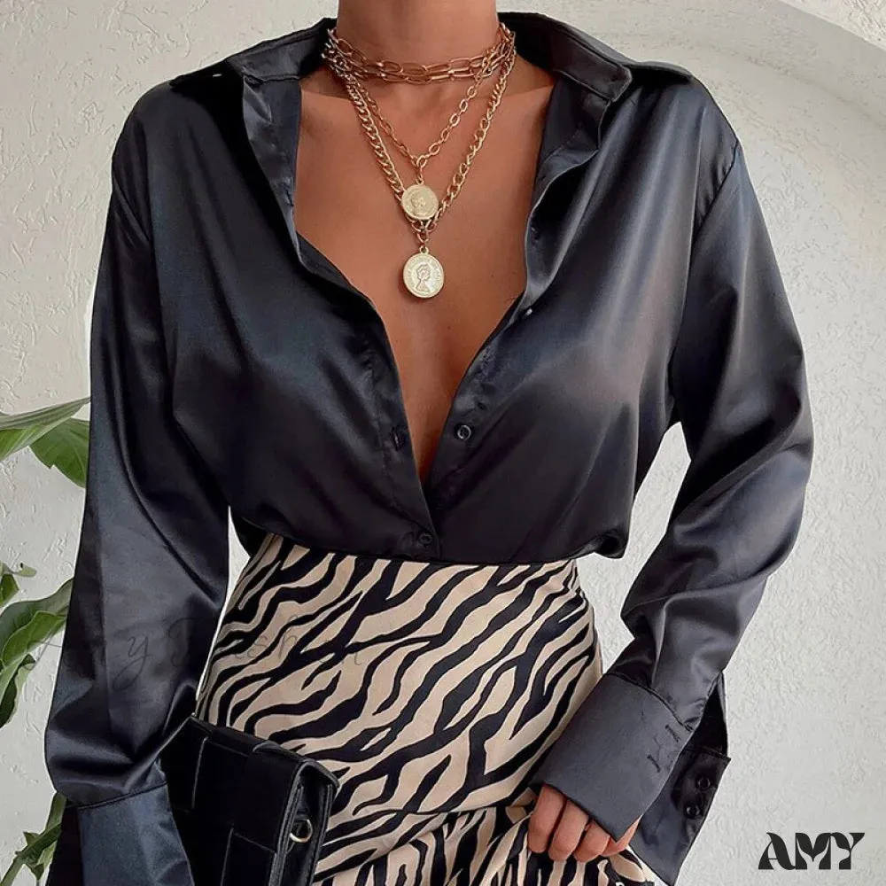 Amy Fashion - Elegant Satin Long Sleeve Blouses