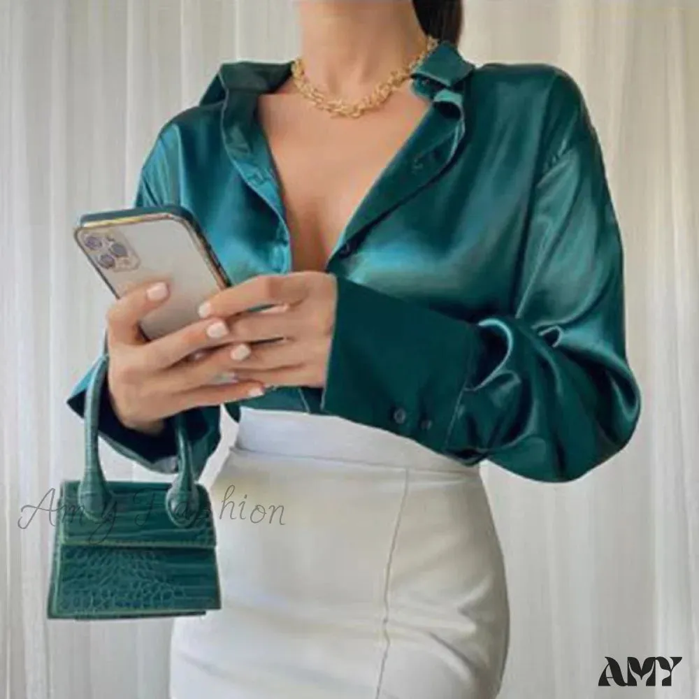 Amy Fashion - Elegant Satin Long Sleeve Blouses