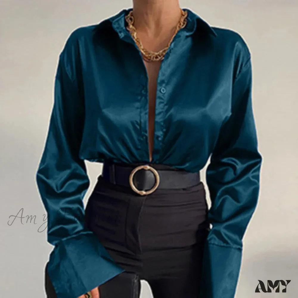 Amy Fashion - Elegant Satin Long Sleeve Blouses