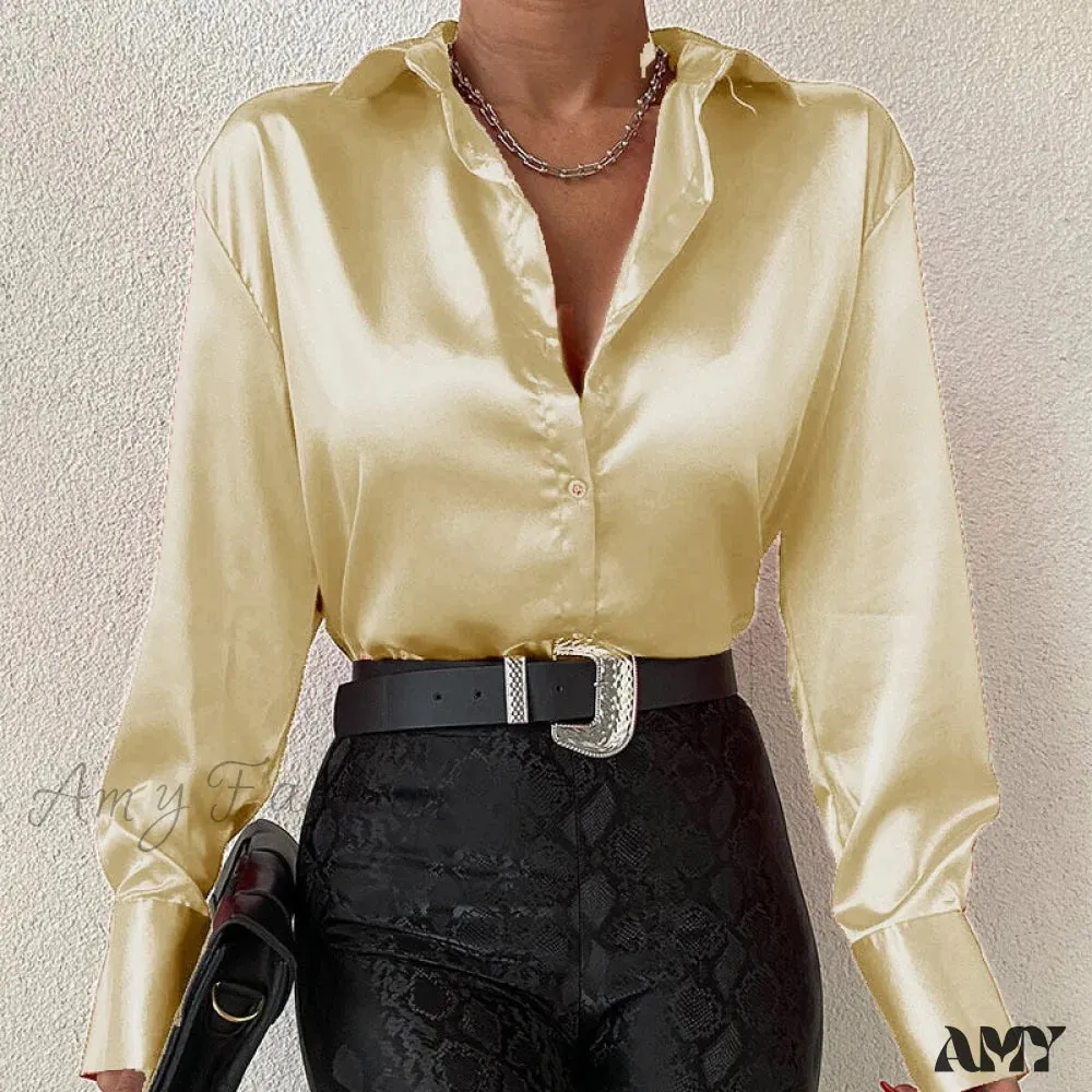 Amy Fashion - Elegant Satin Long Sleeve Blouses