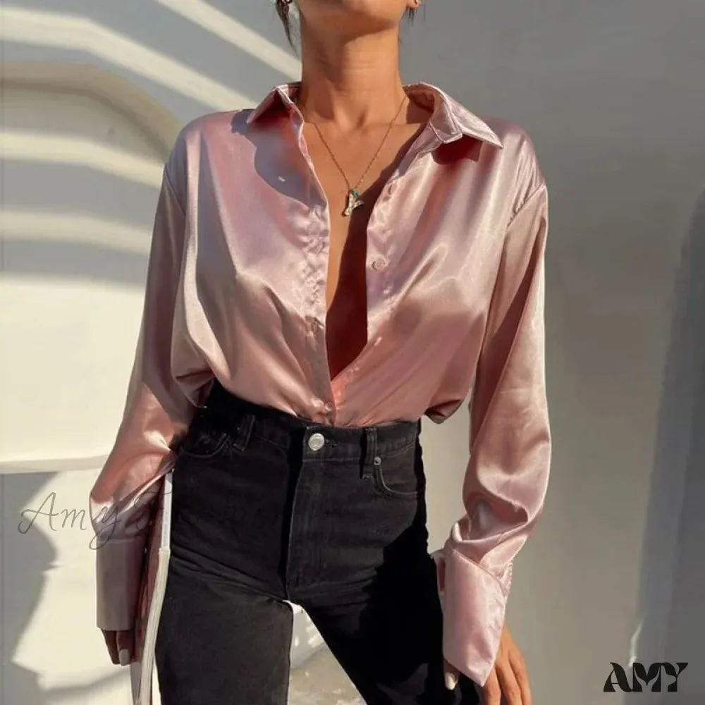 Amy Fashion - Elegant Satin Long Sleeve Blouses