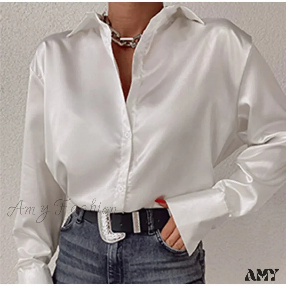 Amy Fashion - Elegant Satin Long Sleeve Blouses