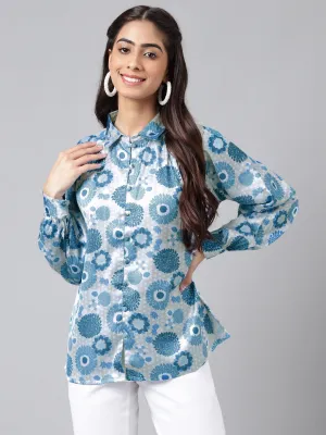 Blue & Grey Satin Floral Printed Casual Shirt