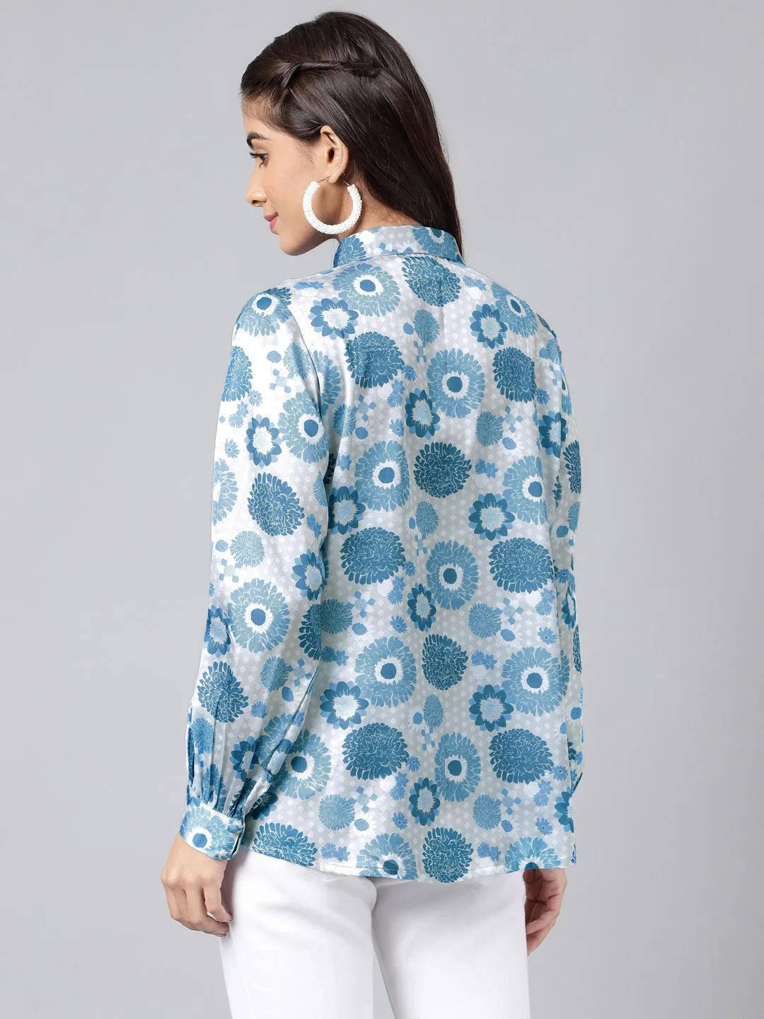 Blue & Grey Satin Floral Printed Casual Shirt