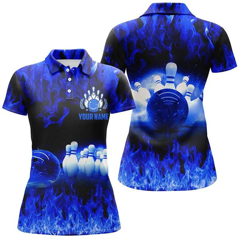 Blue Flame Women Bowling Sleeveless Polo Shirts, Personalized Team Bowling Female Bowling Uniform