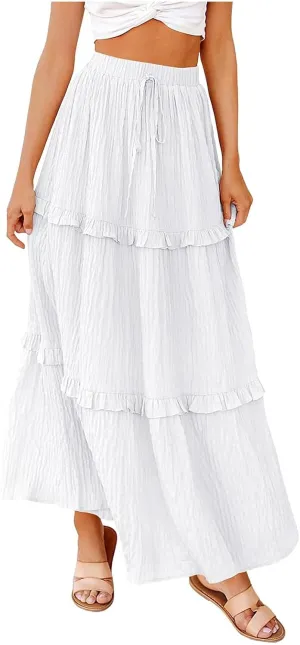 Boho Maxi Skirts for Women Casual Drawstring Elastic High Waisted Flowy Swing A-Line Tiered Pleated Skirt