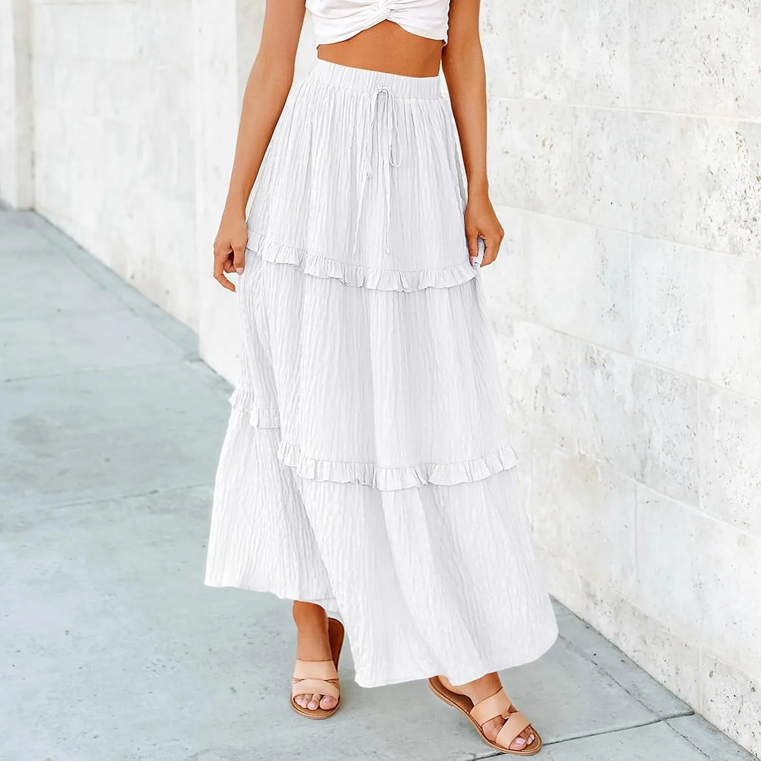 Boho Maxi Skirts for Women Casual Drawstring Elastic High Waisted Flowy Swing A-Line Tiered Pleated Skirt