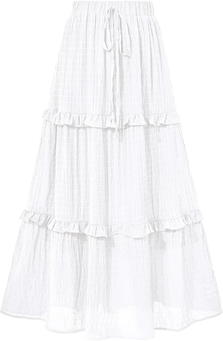 Boho Maxi Skirts for Women Casual Drawstring Elastic High Waisted Flowy Swing A-Line Tiered Pleated Skirt