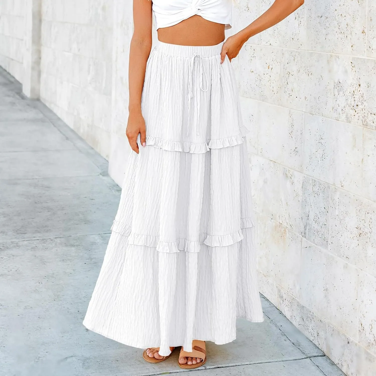 Boho Maxi Skirts for Women Casual Drawstring Elastic High Waisted Flowy Swing A-Line Tiered Pleated Skirt