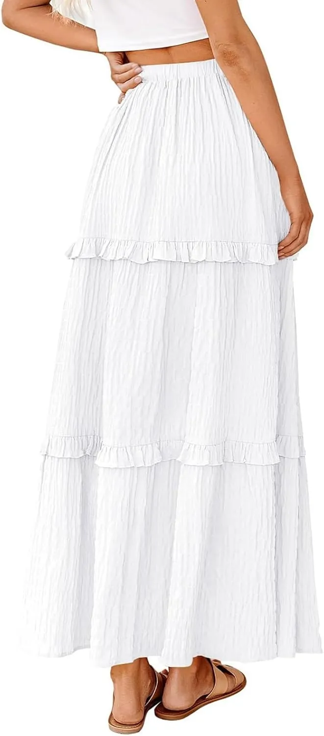 Boho Maxi Skirts for Women Casual Drawstring Elastic High Waisted Flowy Swing A-Line Tiered Pleated Skirt