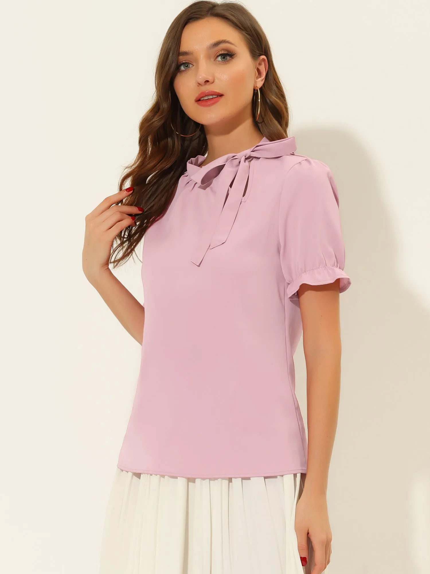 Bow Tie Neck Elegant Office Short Sleeve Blouse