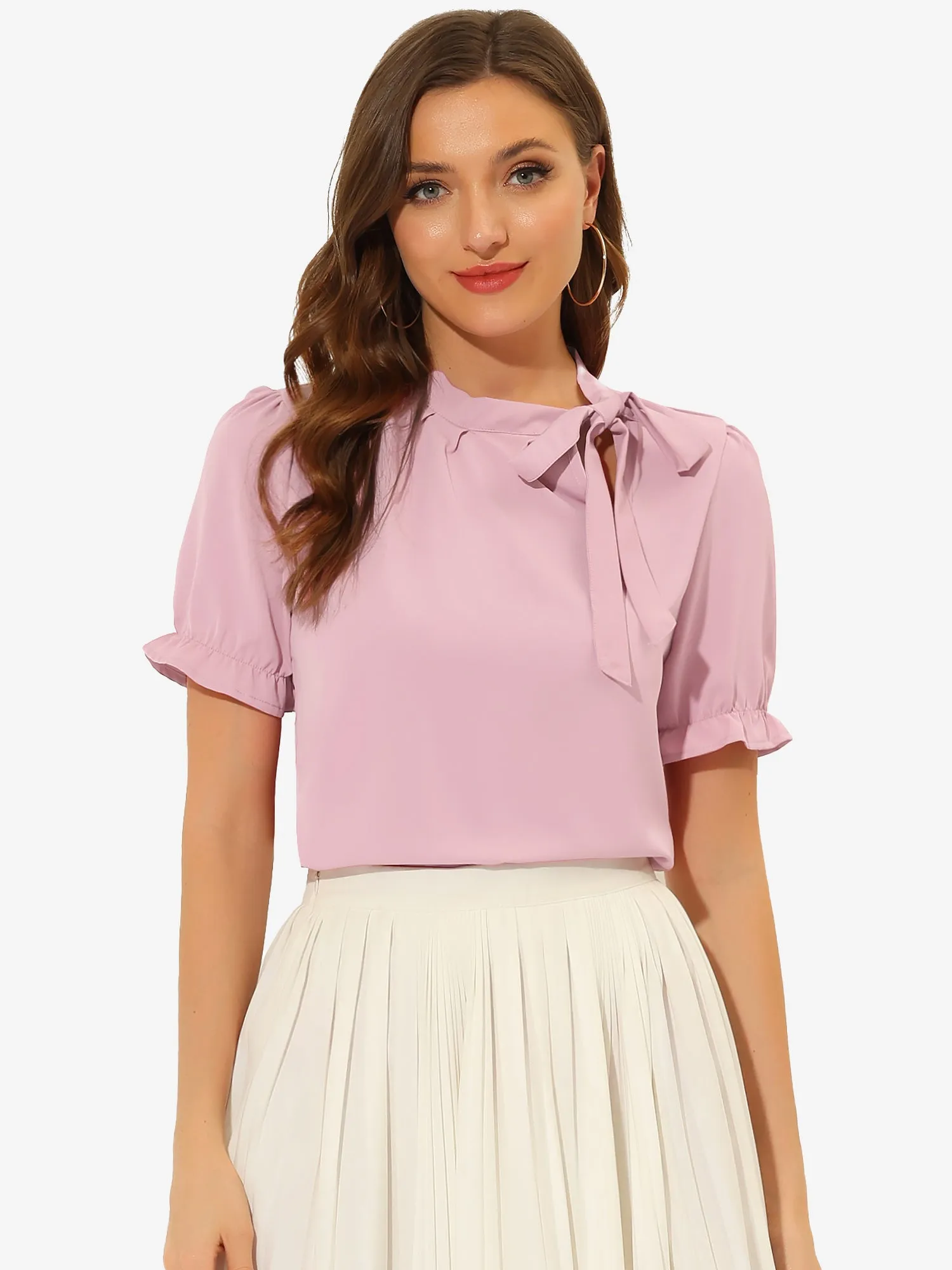 Bow Tie Neck Elegant Office Short Sleeve Blouse