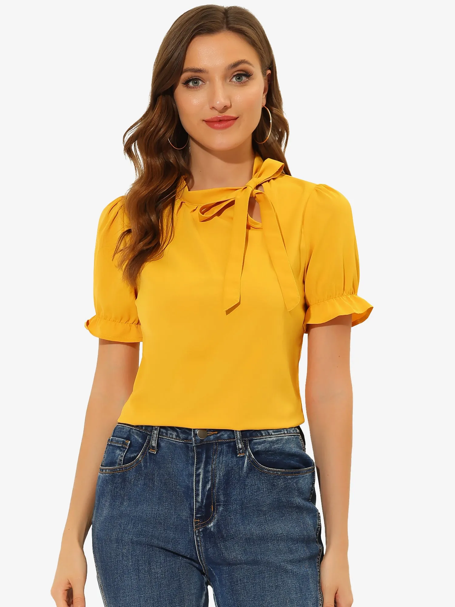 Bow Tie Neck Elegant Office Short Sleeve Blouse