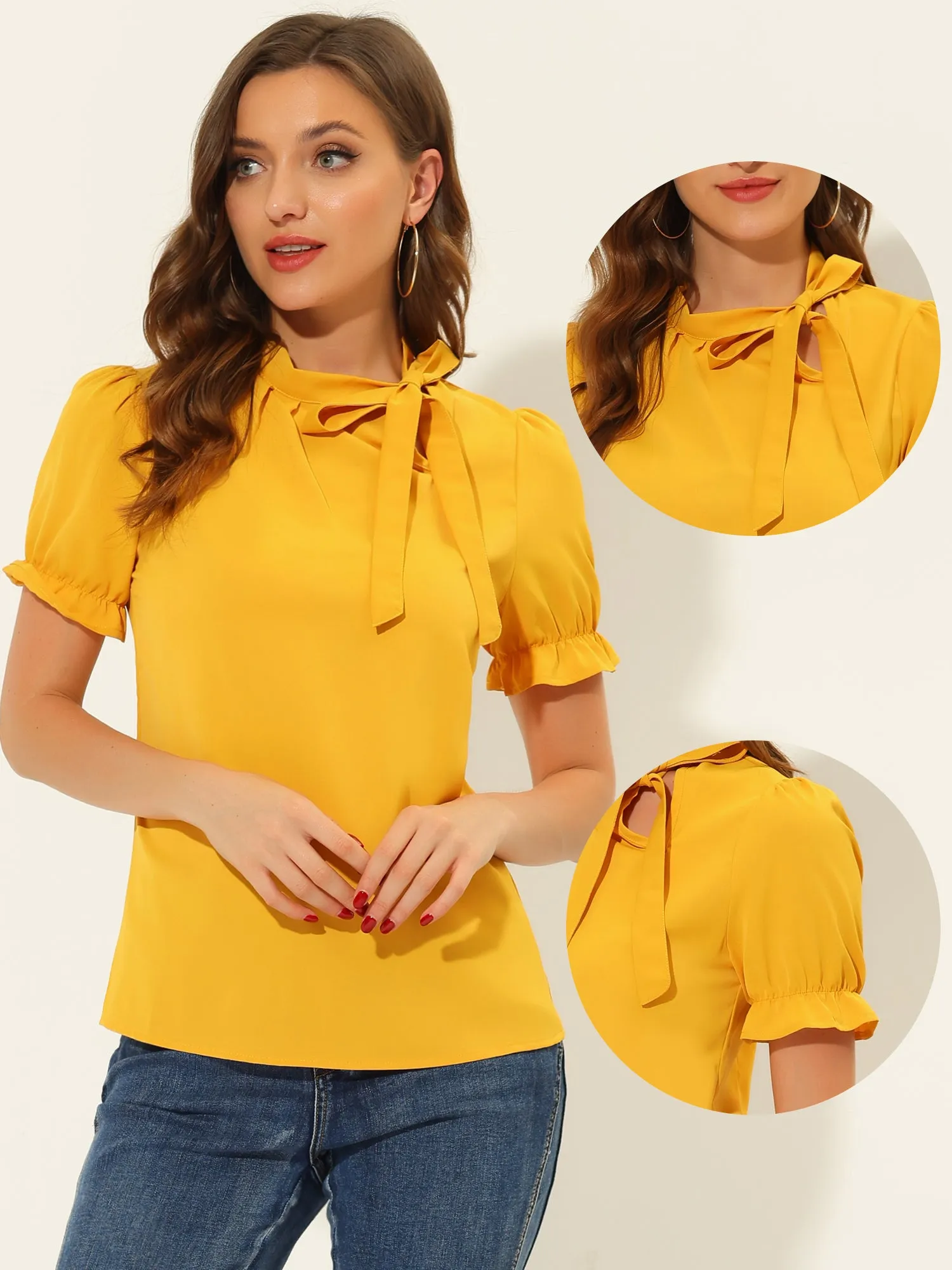 Bow Tie Neck Elegant Office Short Sleeve Blouse