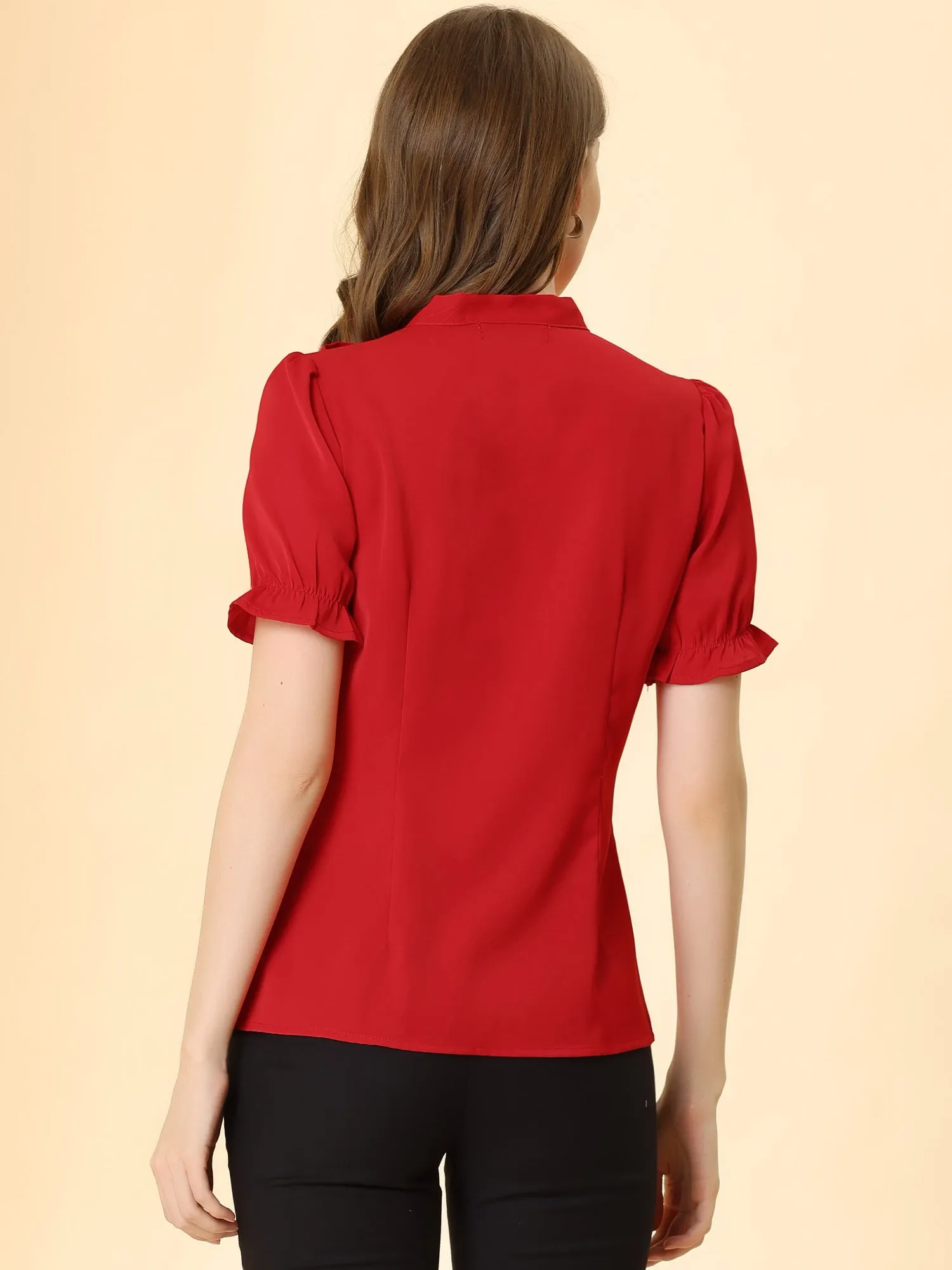 Bow Tie Neck Elegant Office Short Sleeve Blouse