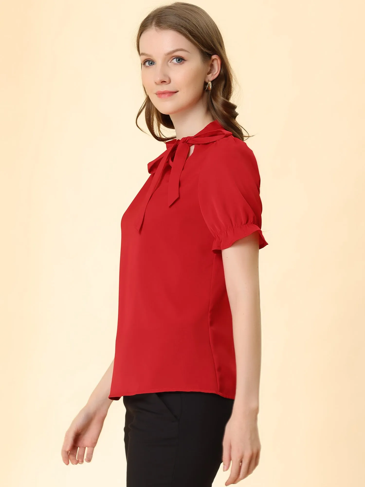 Bow Tie Neck Elegant Office Short Sleeve Blouse