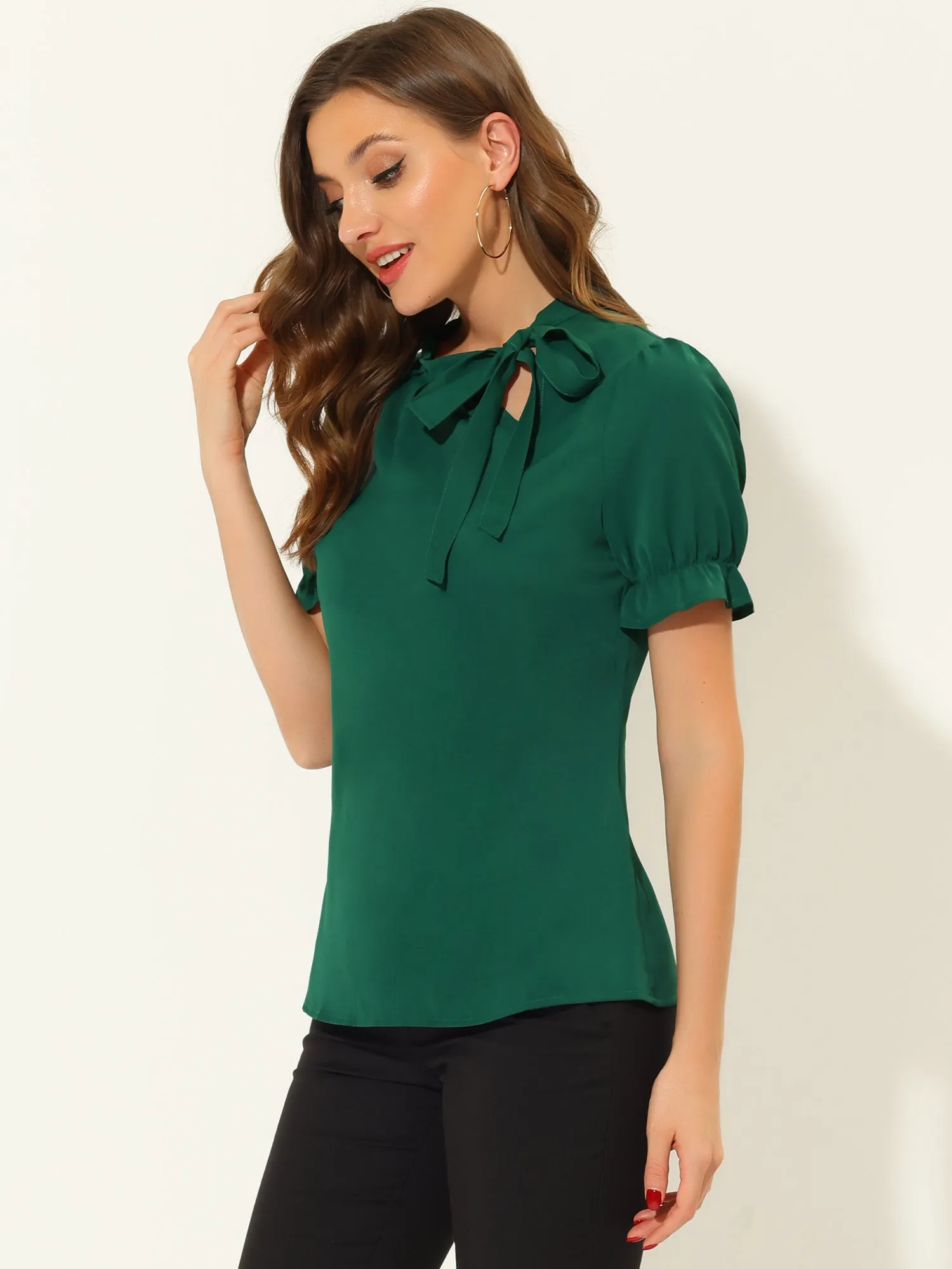 Bow Tie Neck Elegant Office Short Sleeve Blouse