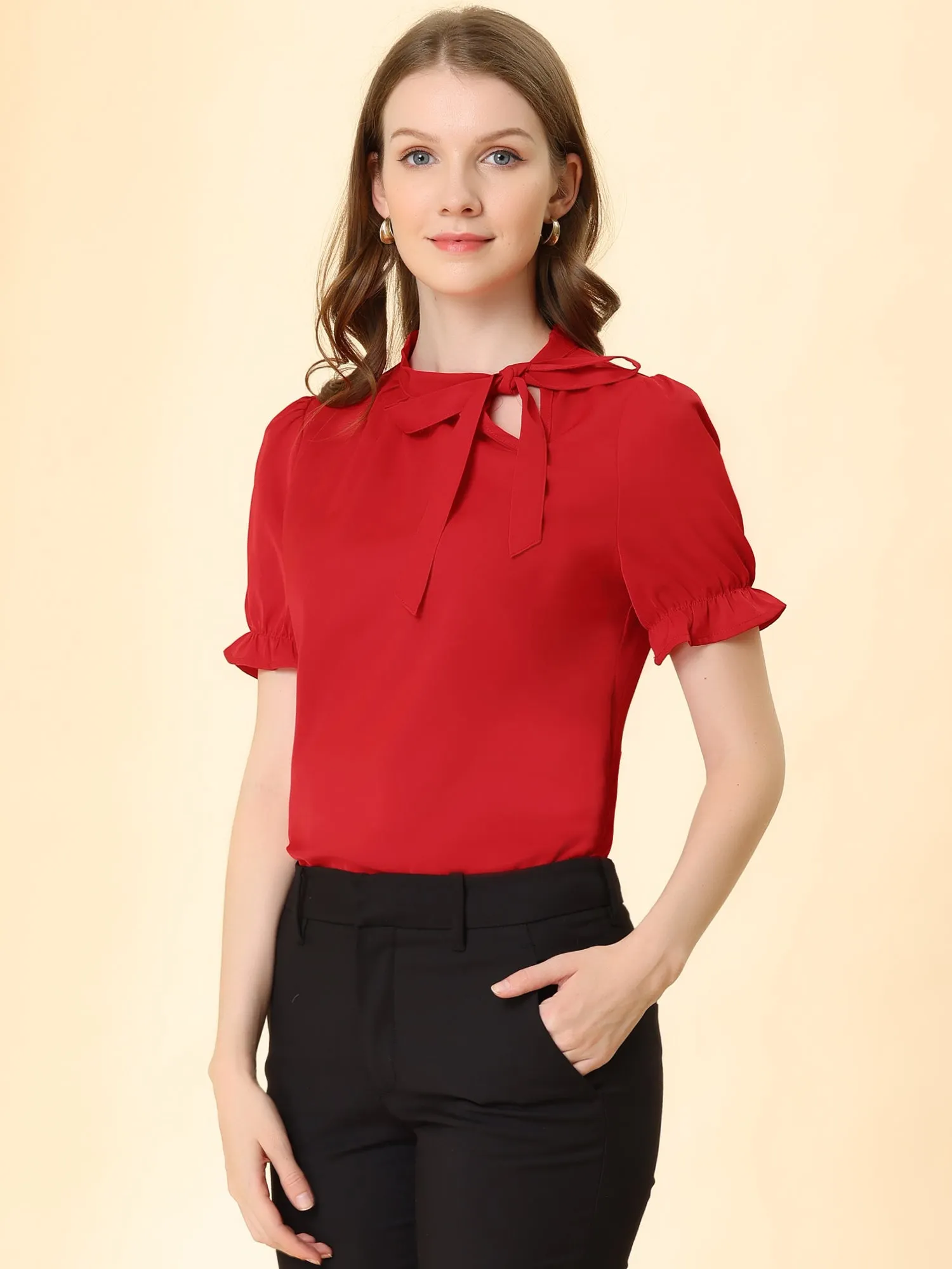 Bow Tie Neck Elegant Office Short Sleeve Blouse