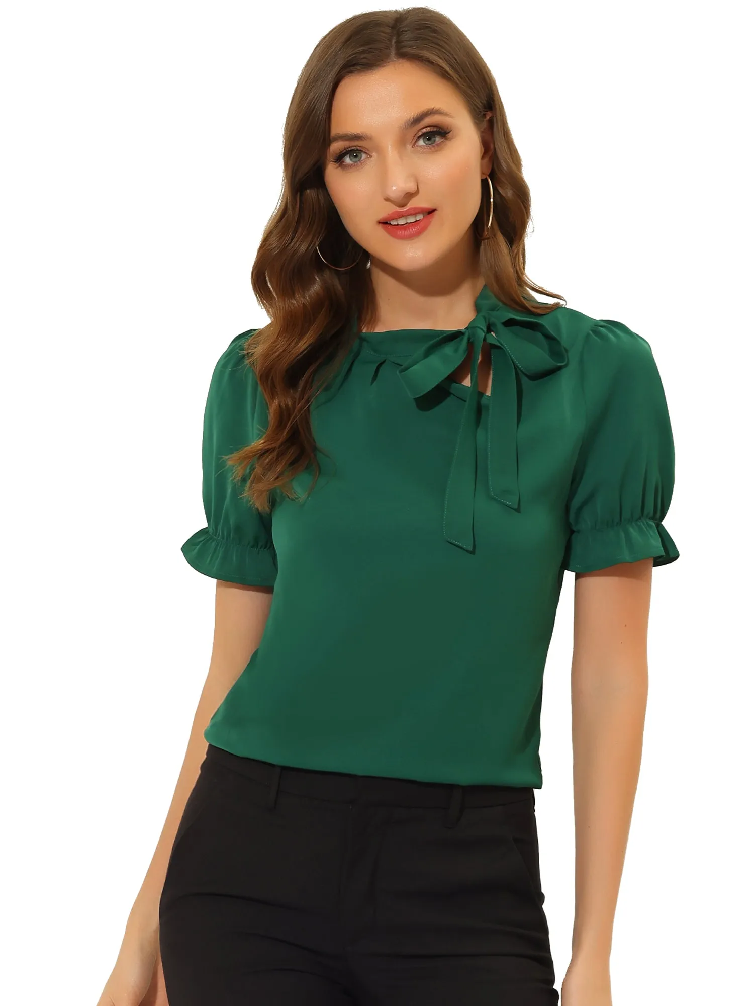 Bow Tie Neck Elegant Office Short Sleeve Blouse