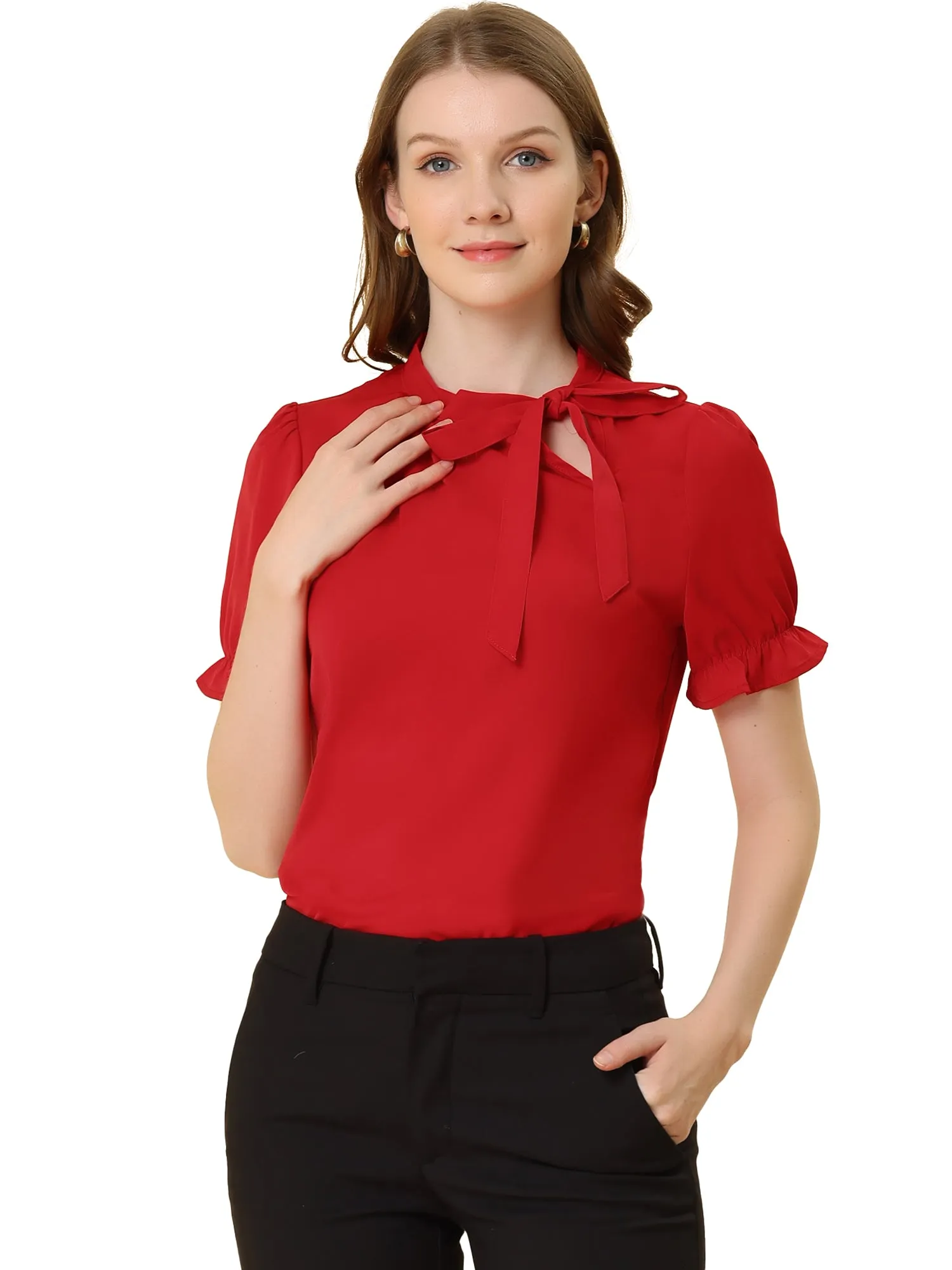Bow Tie Neck Elegant Office Short Sleeve Blouse