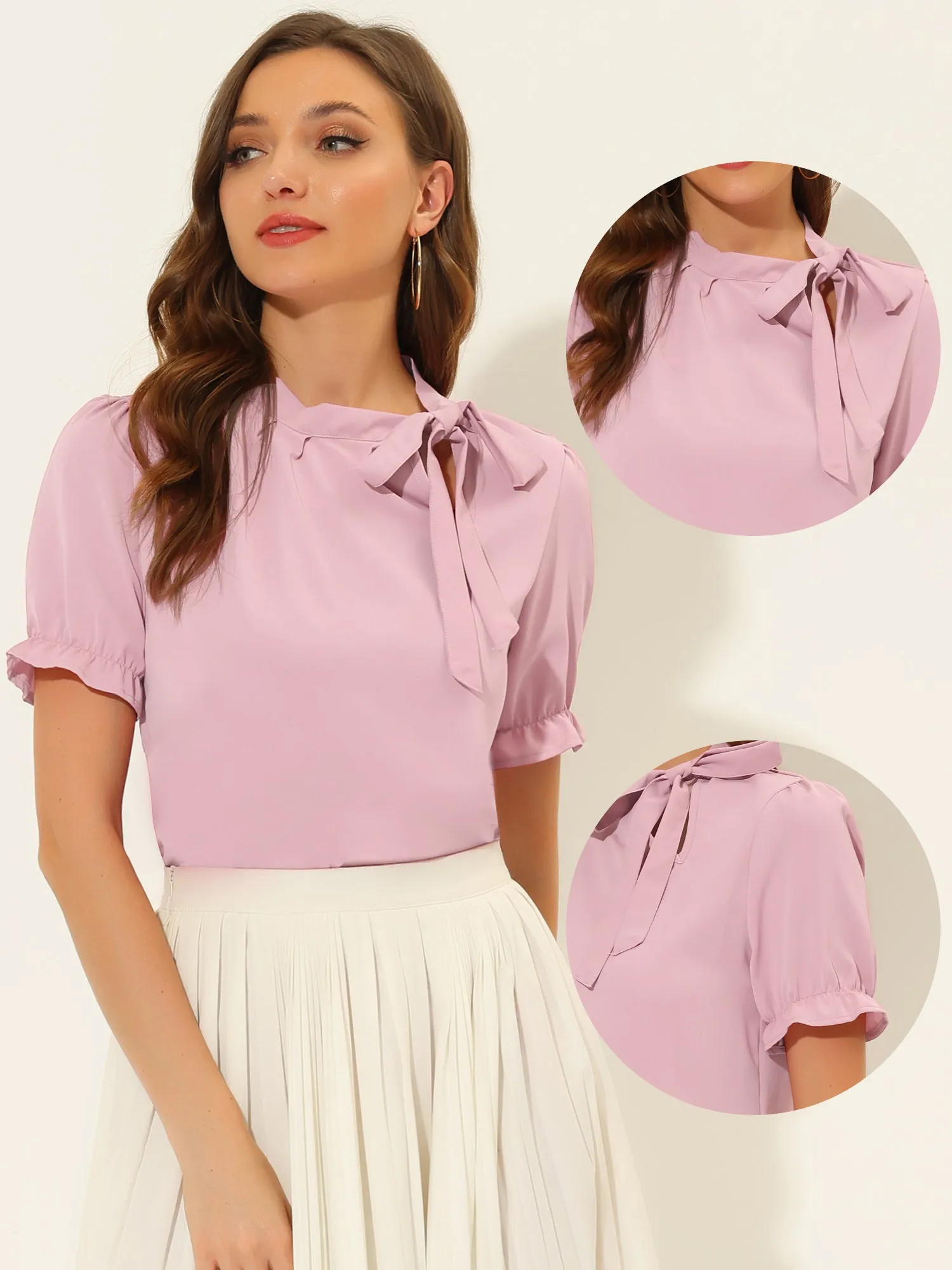 Bow Tie Neck Elegant Office Short Sleeve Blouse