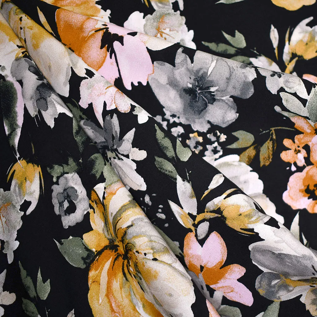 Brushstroke Fall Floral Rayon Poplin Black/Multi