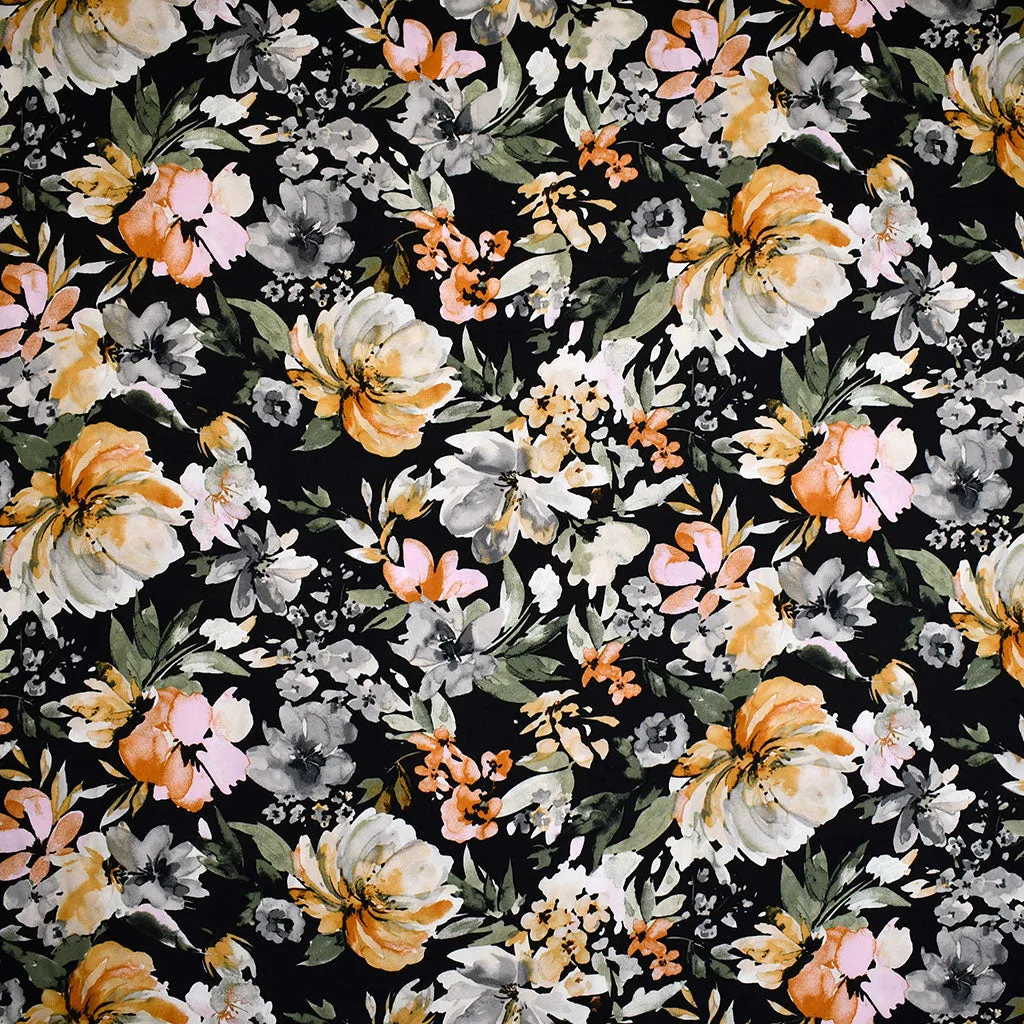 Brushstroke Fall Floral Rayon Poplin Black/Multi