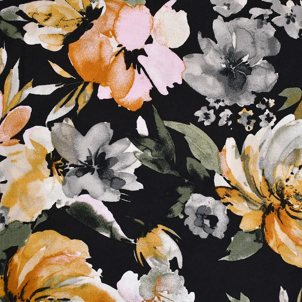 Brushstroke Fall Floral Rayon Poplin Black/Multi