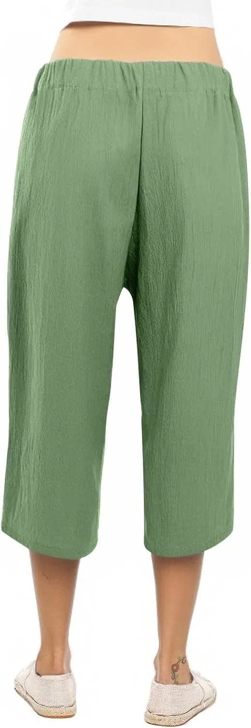 Capri Pants for Women Summer Casual Linen Lounge Pants Cropped Straight Leg Drawstring Baggy Straight Leg Trousers