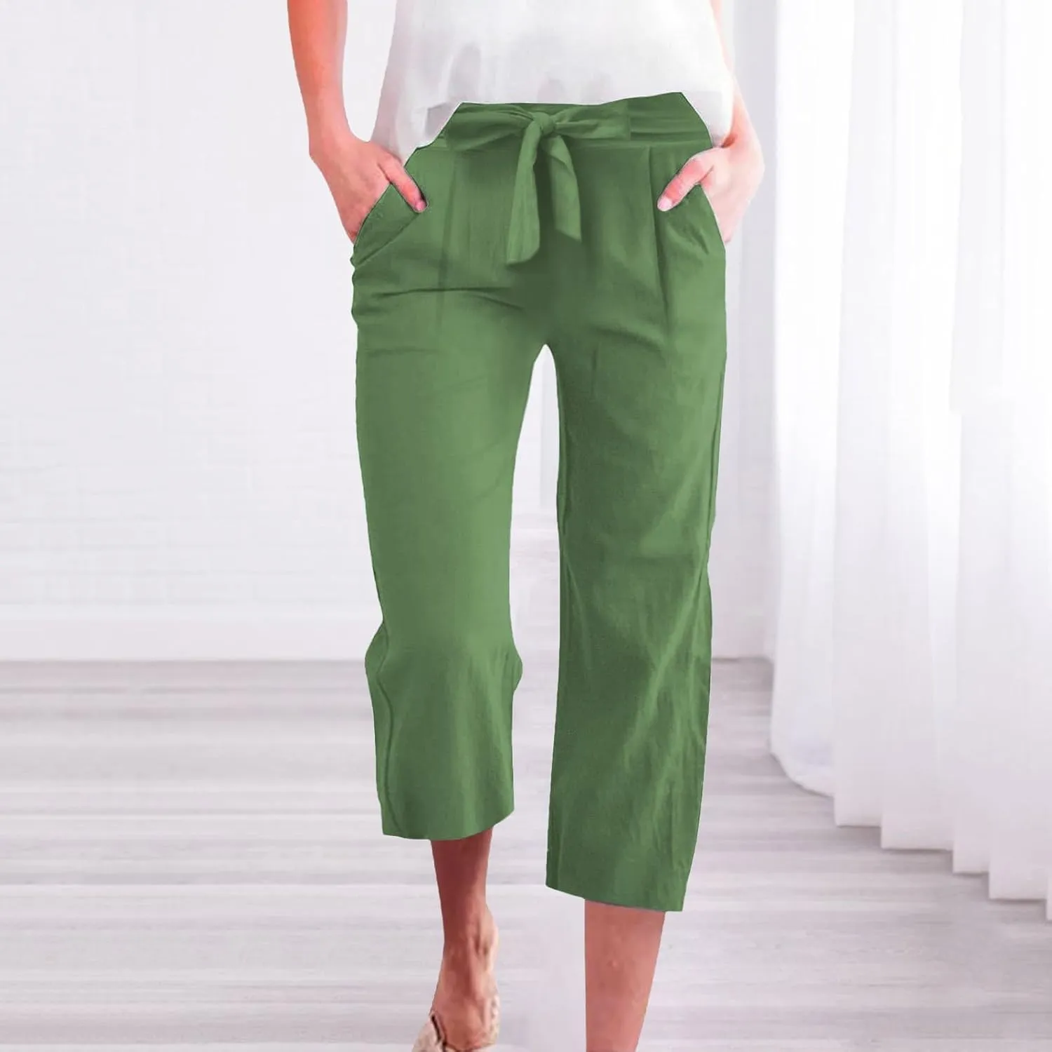 Capri Pants for Women Summer Casual Linen Lounge Pants Cropped Straight Leg Drawstring Baggy Straight Leg Trousers