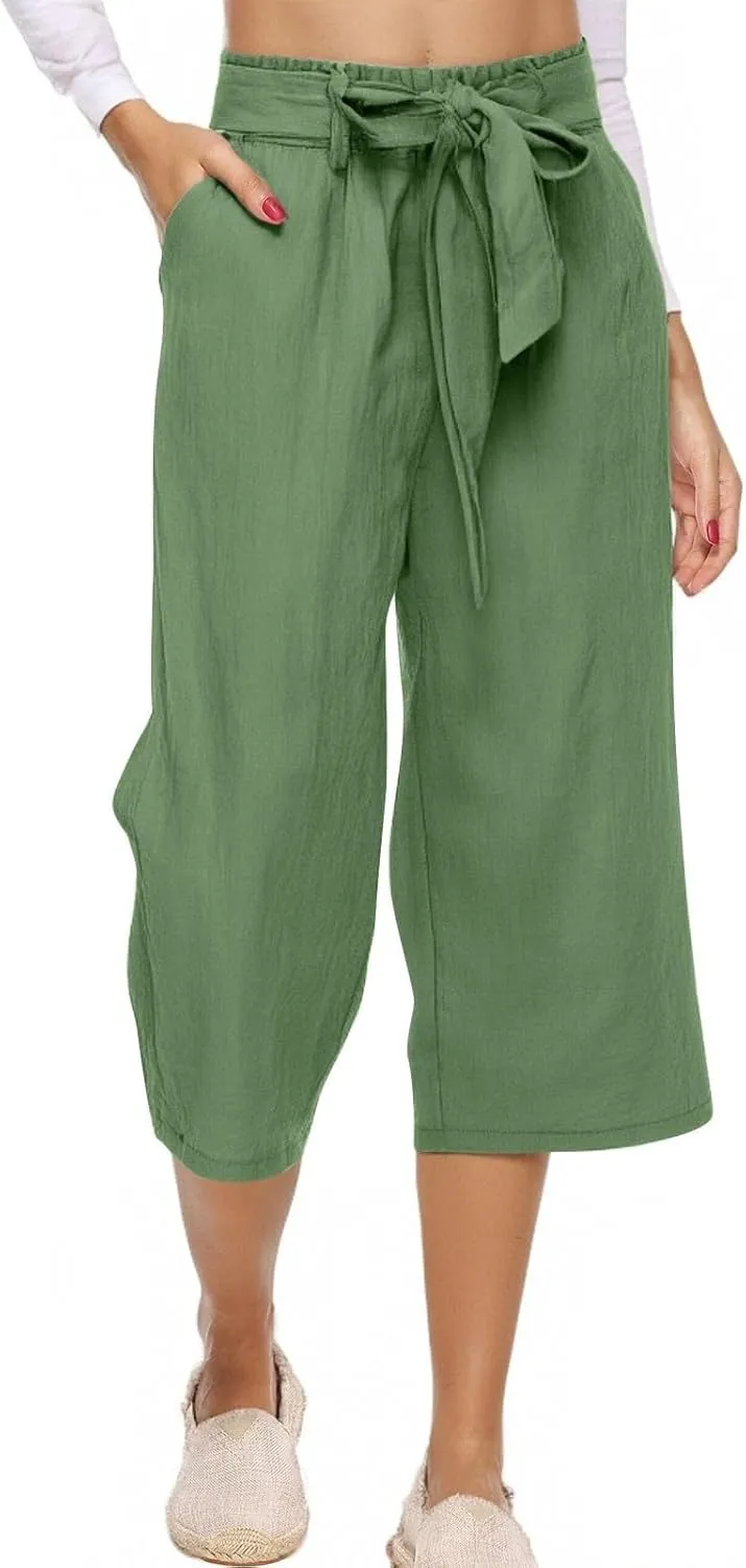 Capri Pants for Women Summer Casual Linen Lounge Pants Cropped Straight Leg Drawstring Baggy Straight Leg Trousers