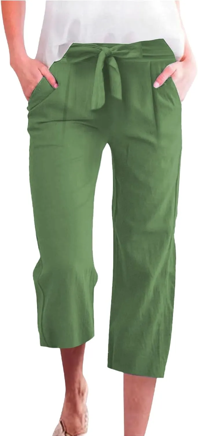 Capri Pants for Women Summer Casual Linen Lounge Pants Cropped Straight Leg Drawstring Baggy Straight Leg Trousers