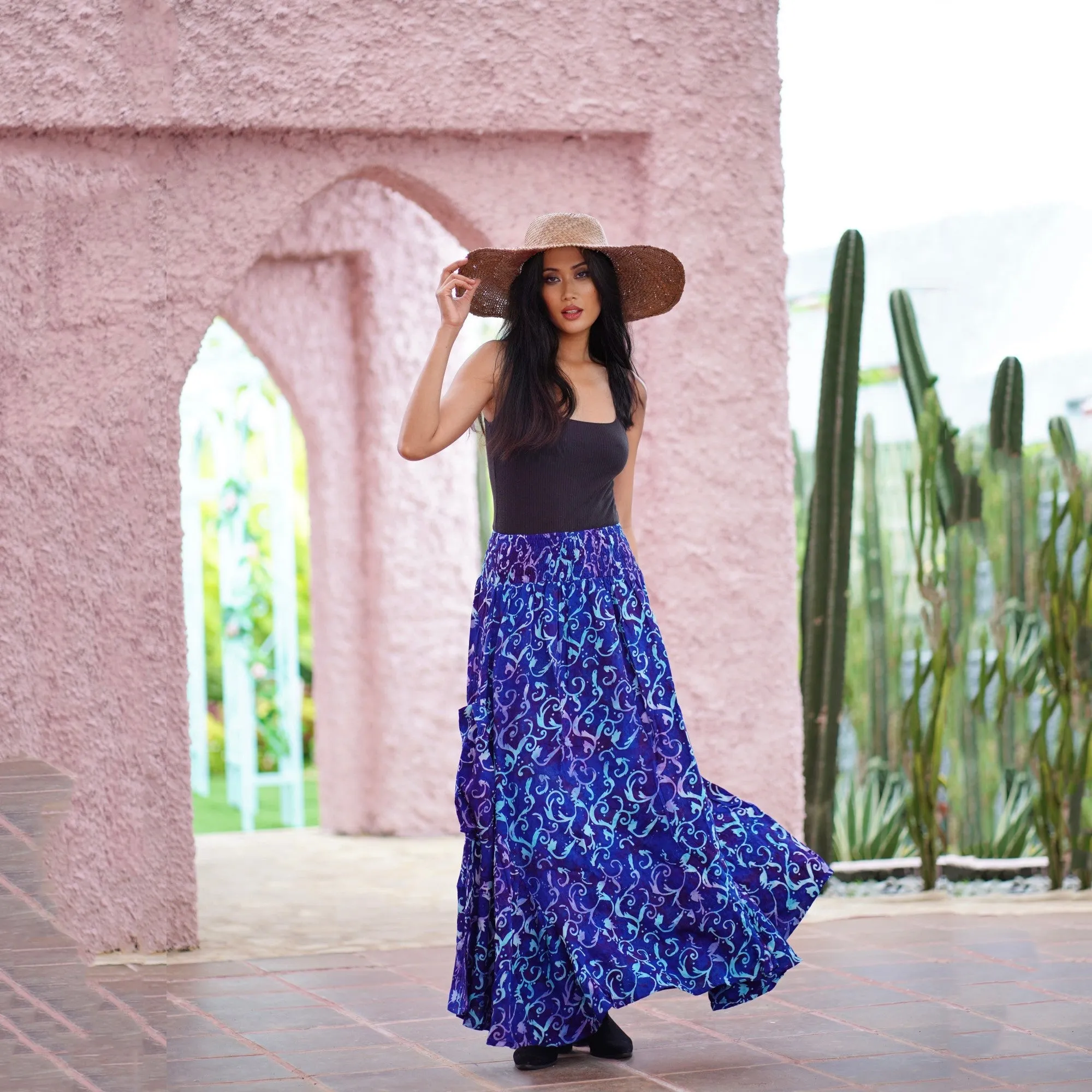 Carolina Ruffle Pockets Bali Batik Bohemian Maxi Skirt