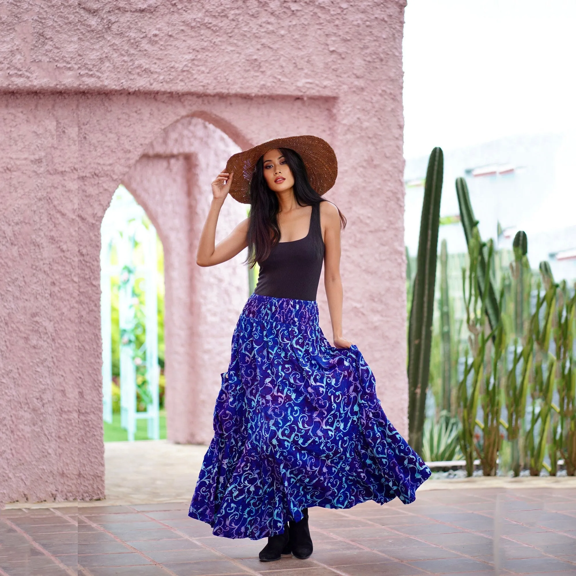 Carolina Ruffle Pockets Bali Batik Bohemian Maxi Skirt