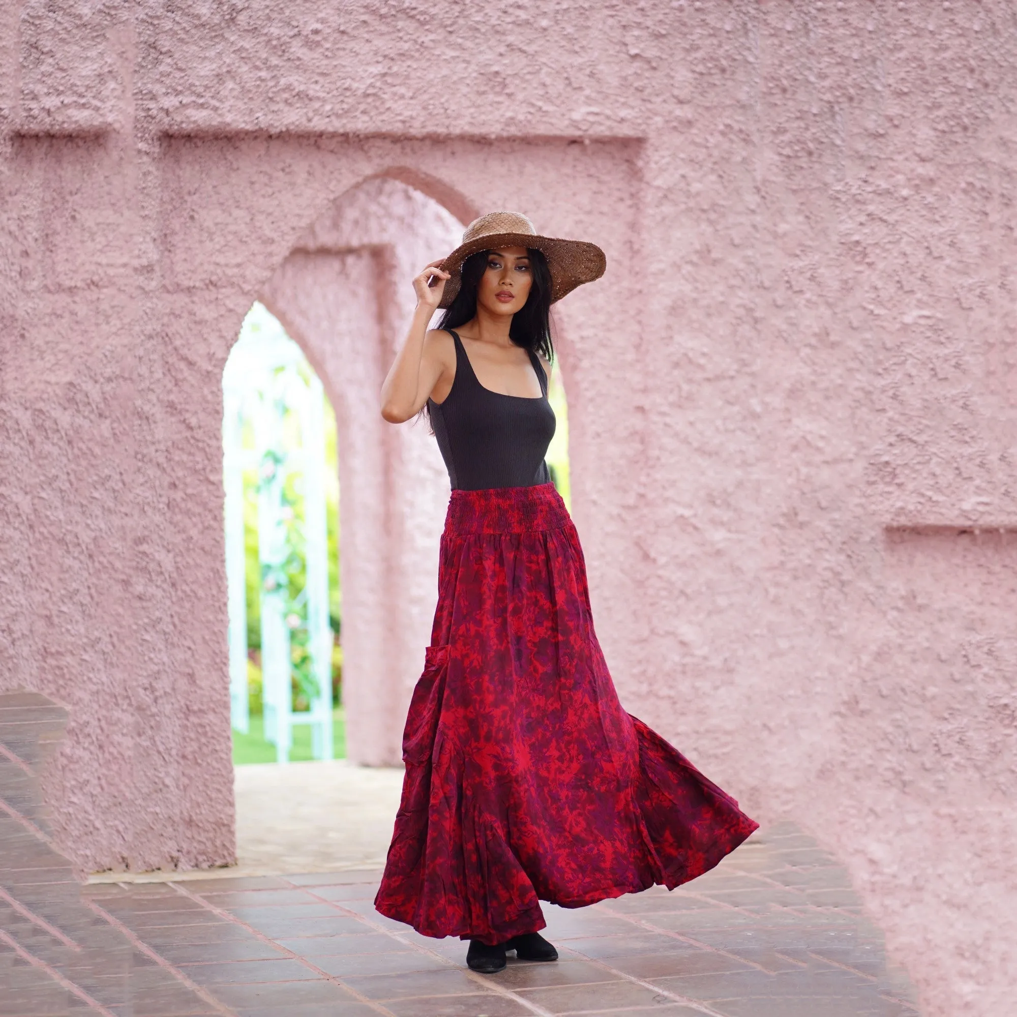 Carolina Ruffle Pockets Bali Batik Bohemian Maxi Skirt