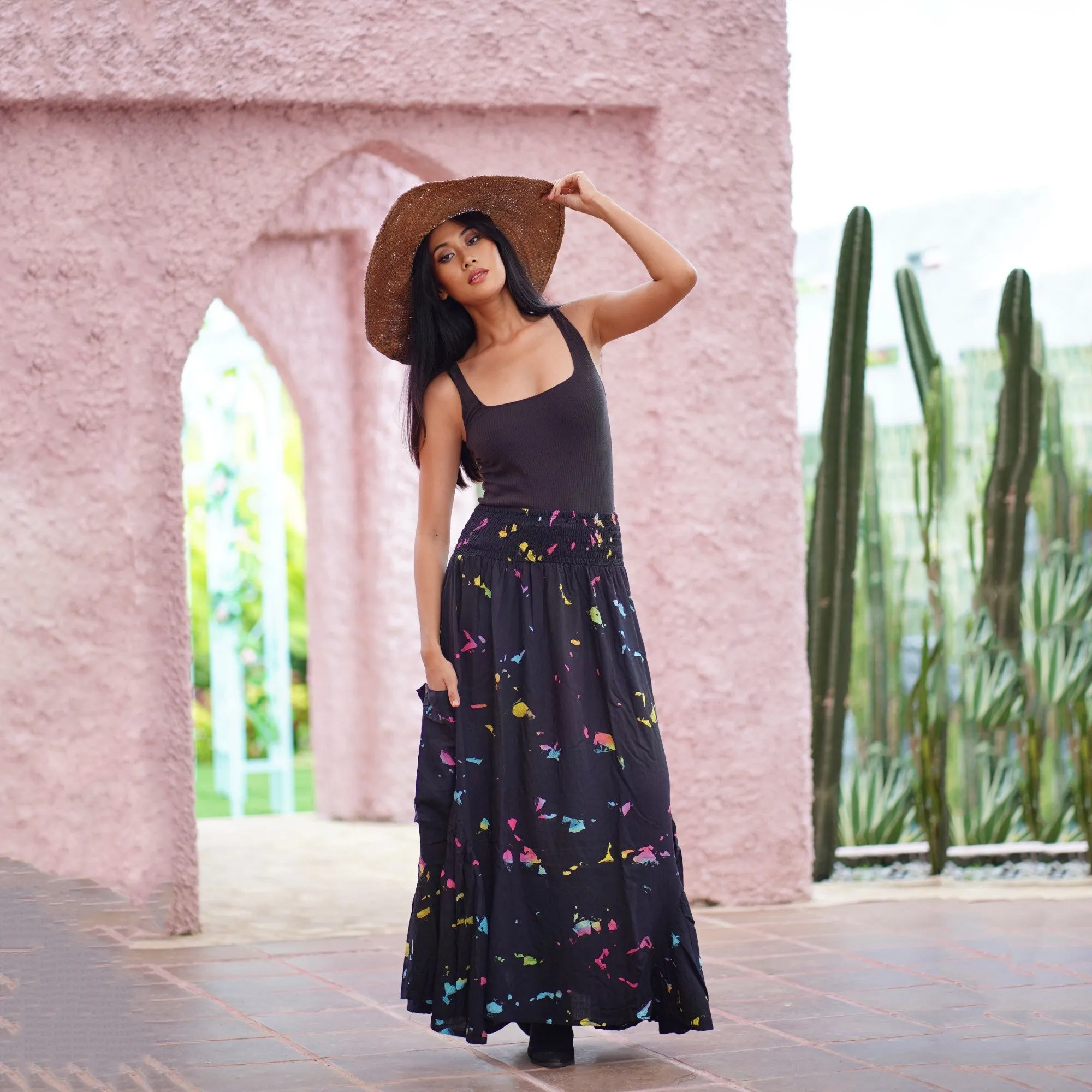 Carolina Ruffle Pockets Bali Batik Bohemian Maxi Skirt
