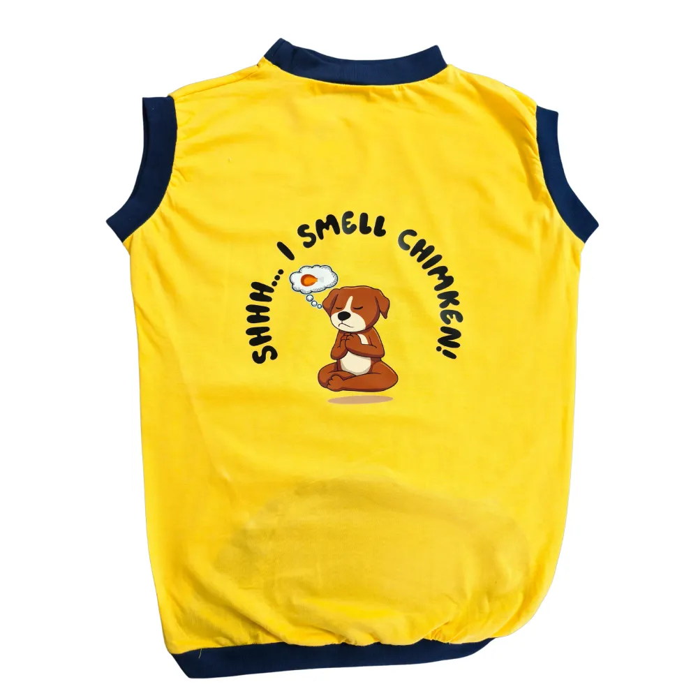 Cheeku I Smell Chimken Graphic Cotton T Shirt for Dogs and Cats (Primerose Yellow)