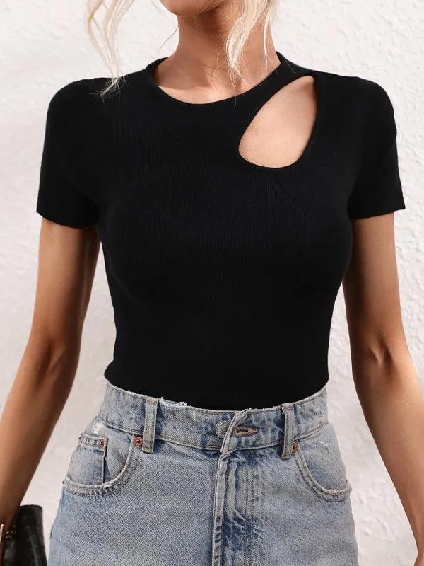 Chic Asymmetrical Shoulder Ribbed Knit Sweater