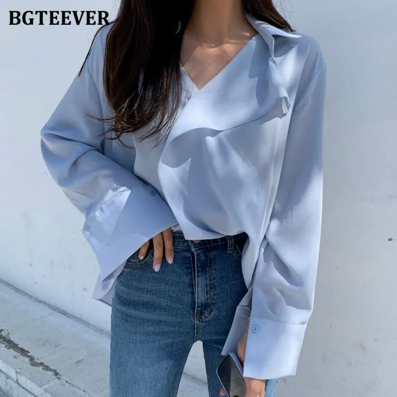 Christmas Gift Joskaa Elegant Women Ruffles Shirts Casual Ladies V-neck Long Sleeve Blouses Tops 2024 Spring Summer Chiffon Blusas Mujer