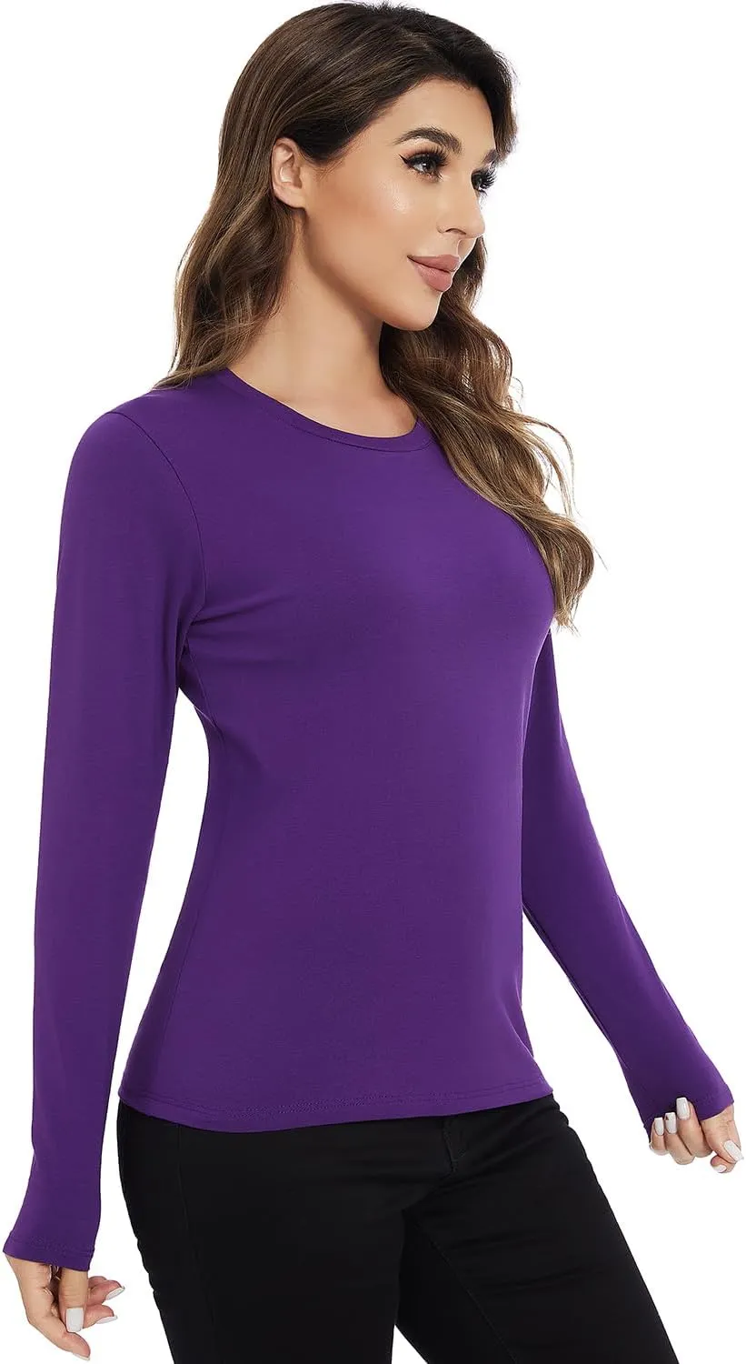Cosy Pyro Cotton Long Sleeve T Shirt for Women Crew Neck Classic-Fit Workout Shirts Soft Solid Basic Tee