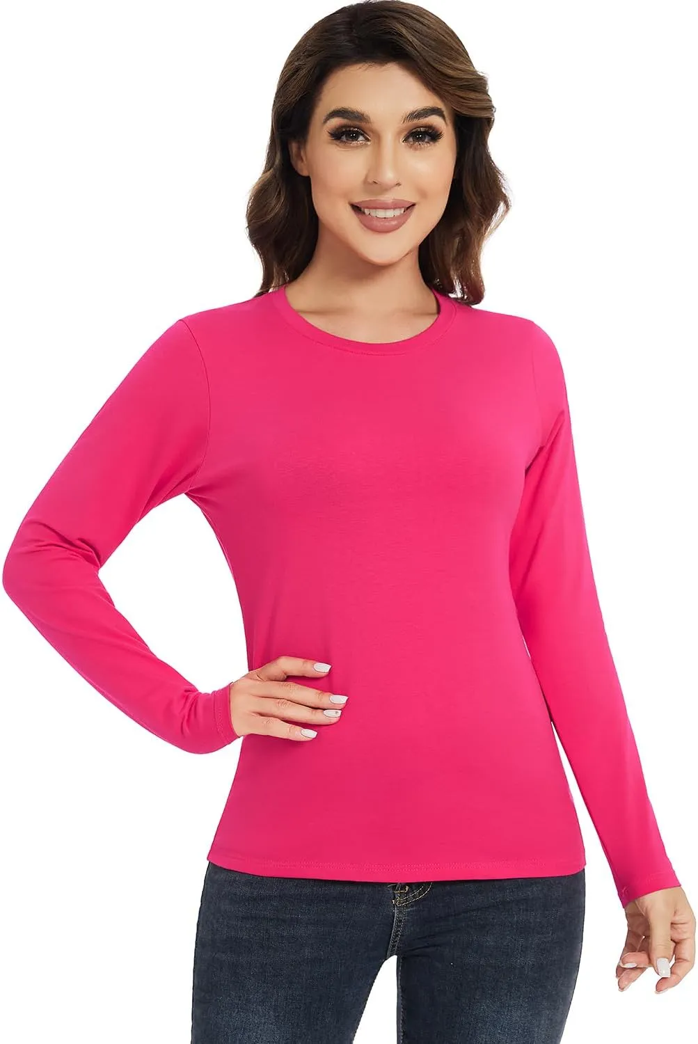 Cosy Pyro Cotton Long Sleeve T Shirt for Women Crew Neck Classic-Fit Workout Shirts Soft Solid Basic Tee