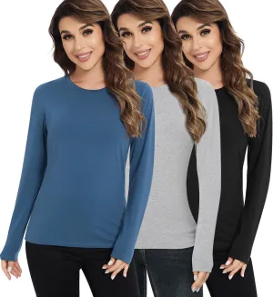 Cosy Pyro Cotton Long Sleeve T Shirt for Women Crew Neck Classic-Fit Workout Shirts Soft Solid Basic Tee