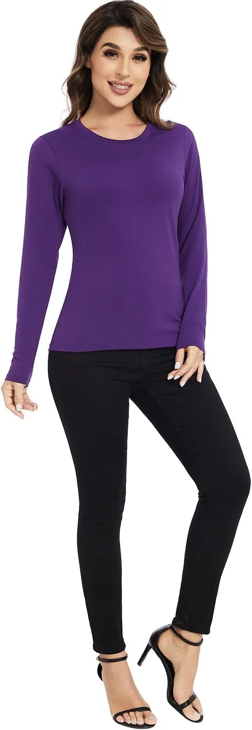Cosy Pyro Cotton Long Sleeve T Shirt for Women Crew Neck Classic-Fit Workout Shirts Soft Solid Basic Tee