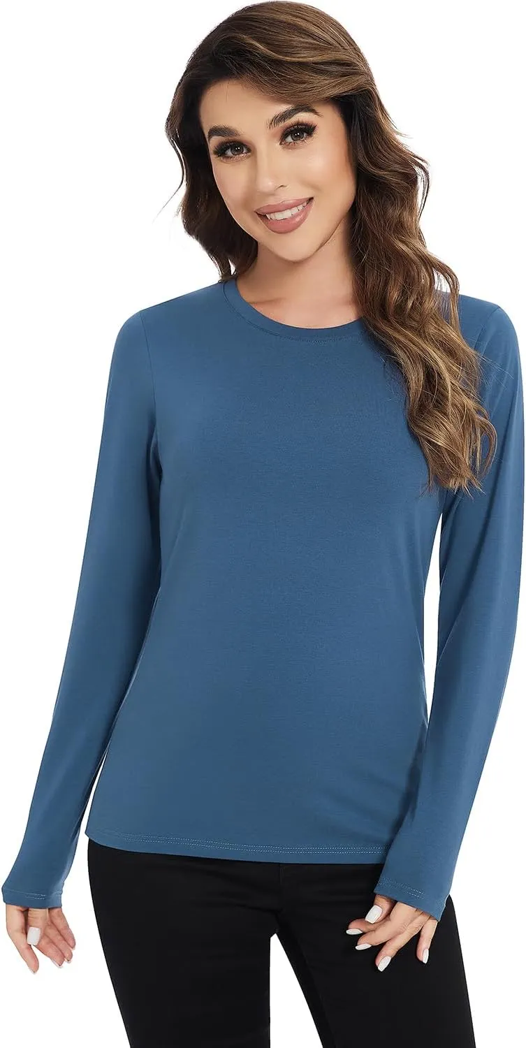 Cosy Pyro Cotton Long Sleeve T Shirt for Women Crew Neck Classic-Fit Workout Shirts Soft Solid Basic Tee