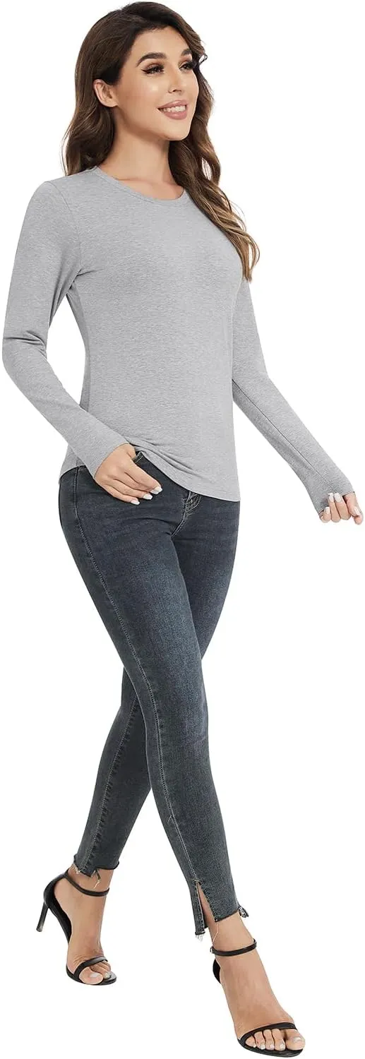 Cosy Pyro Cotton Long Sleeve T Shirt for Women Crew Neck Classic-Fit Workout Shirts Soft Solid Basic Tee