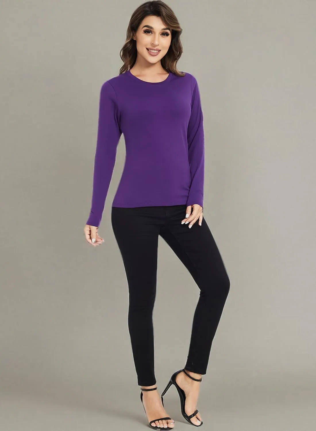 Cosy Pyro Cotton Long Sleeve T Shirt for Women Crew Neck Classic-Fit Workout Shirts Soft Solid Basic Tee